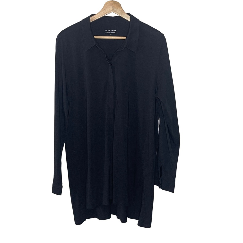 Eileen Fisher Black Tunic Top Long Sleeve Collared Button Up Made In USA LG